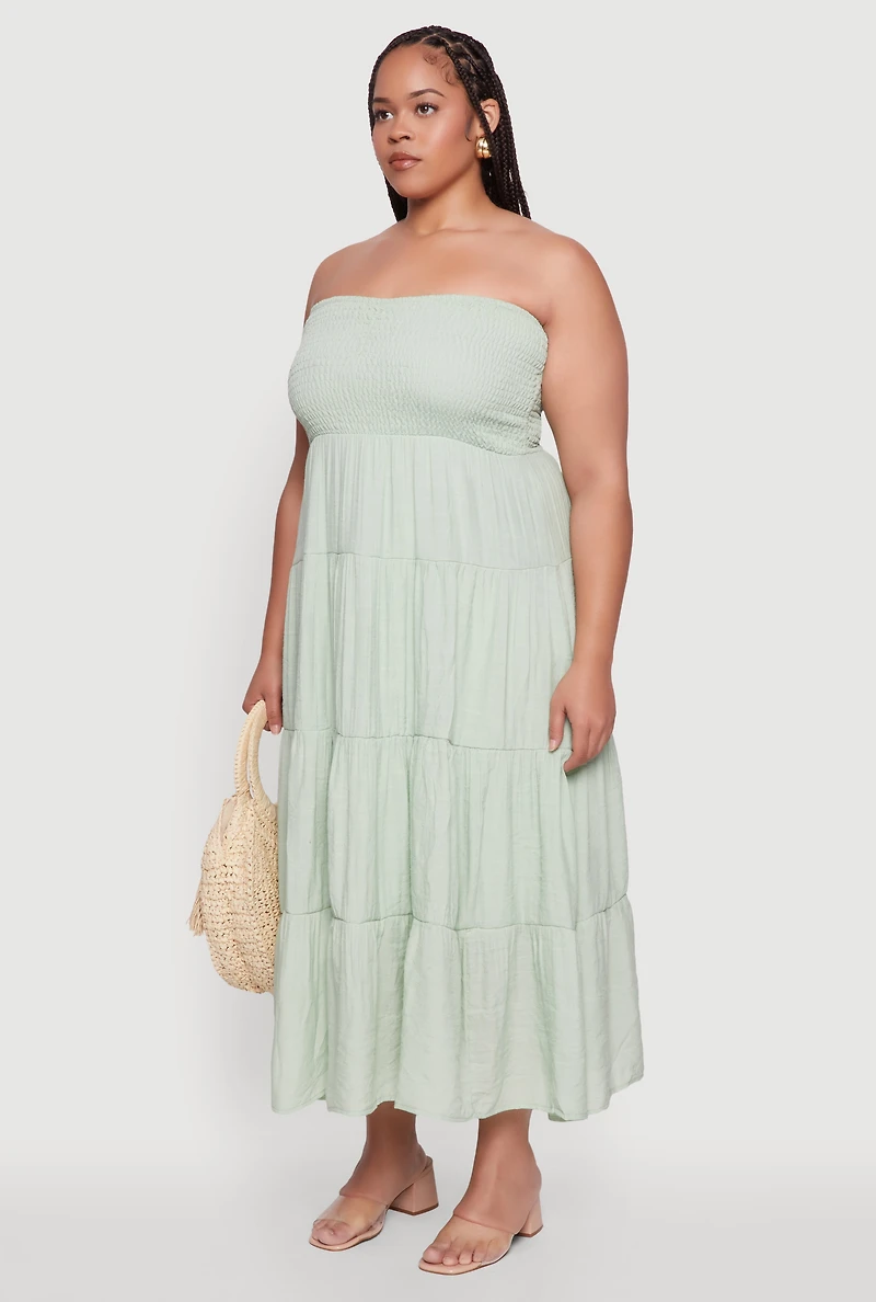 Womens Plus Size Elegant Strapless Tiered Sundress, Green, Size 1X
