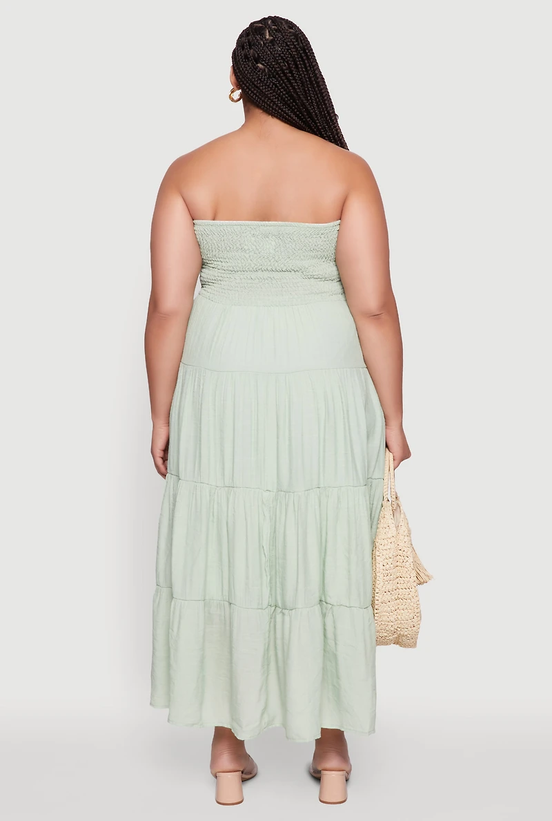 Womens Plus Size Elegant Strapless Tiered Sundress, Green, Size 2X