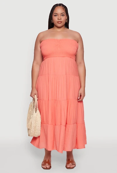 Womens Plus Size Elegant Strapless Tiered Sundress, Orange, Size 2X