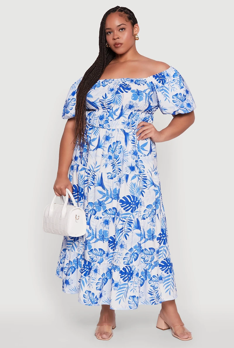 Womens Plus Size Off Shoulder Tiered Maxi Dress with Puff Sleeves, Blue, Size 3X