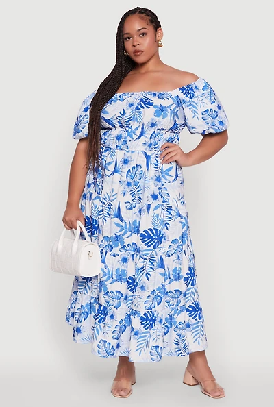 Womens Plus Size Off Shoulder Tiered Maxi Dress with Puff Sleeves, Blue, Size 3X
