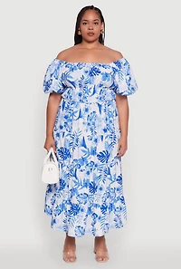 Womens Plus Size Off Shoulder Tiered Maxi Dress with Puff Sleeves, Blue, Size 3X
