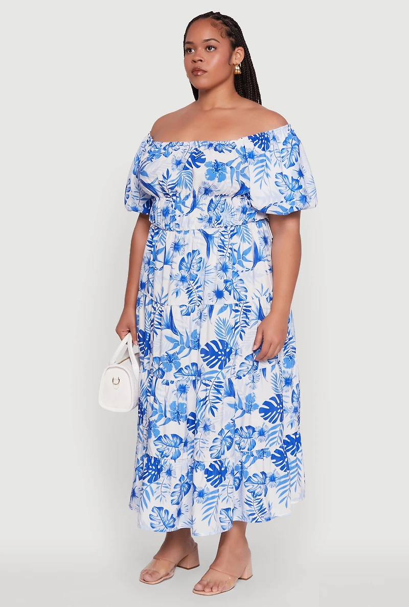Womens Plus Size Off Shoulder Tiered Maxi Dress with Puff Sleeves, Blue, Size 3X