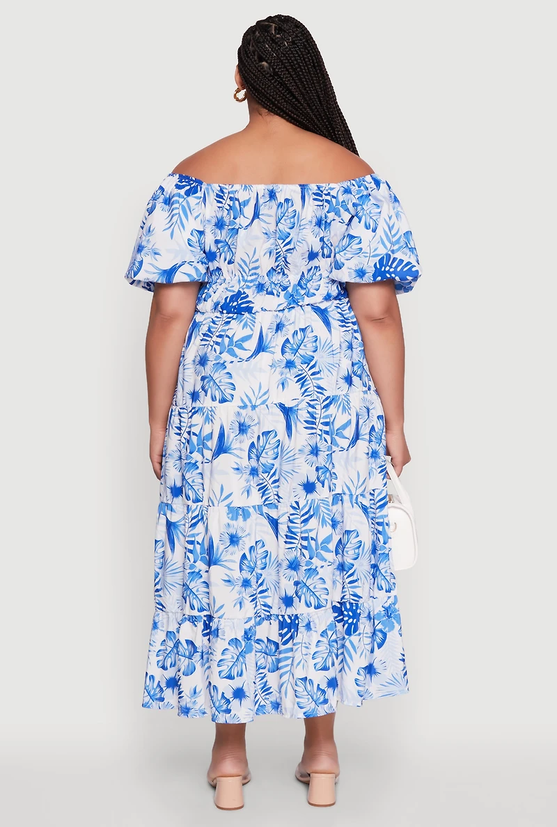 Womens Plus Size Off Shoulder Tiered Maxi Dress with Puff Sleeves, Blue, Size 3X