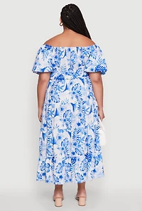 Womens Plus Size Off Shoulder Tiered Maxi Dress with Puff Sleeves, Blue, Size 3X