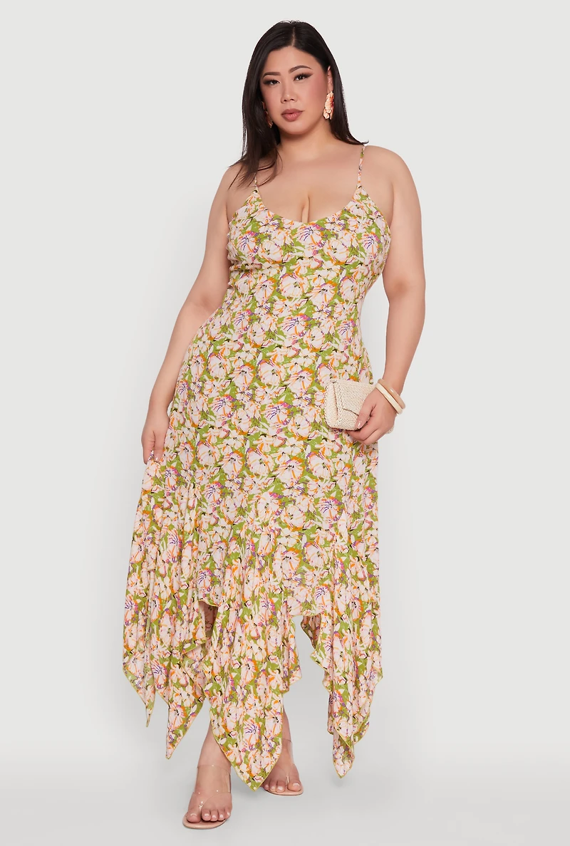 Womens Plus Size Floral Handkerchief Hem Sundress, Multi, Size 1X