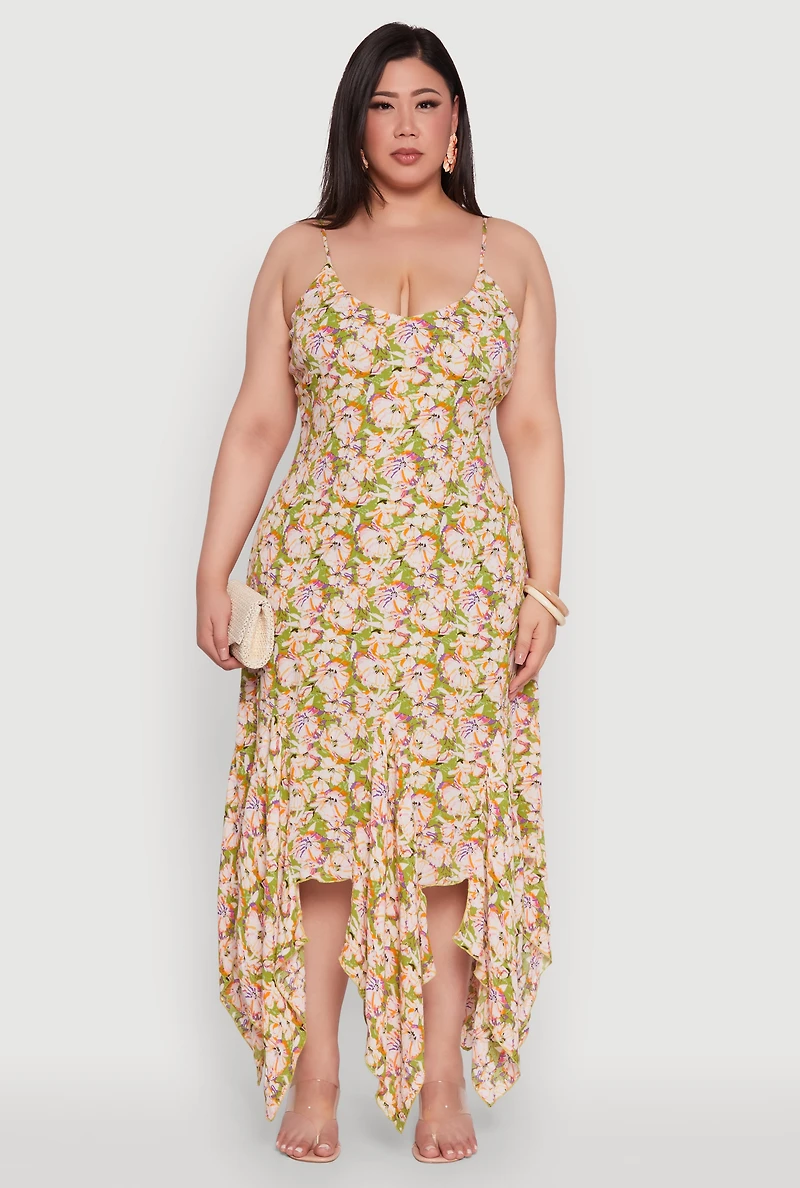 Womens Plus Size Floral Handkerchief Hem Sundress, Multi, Size 2X