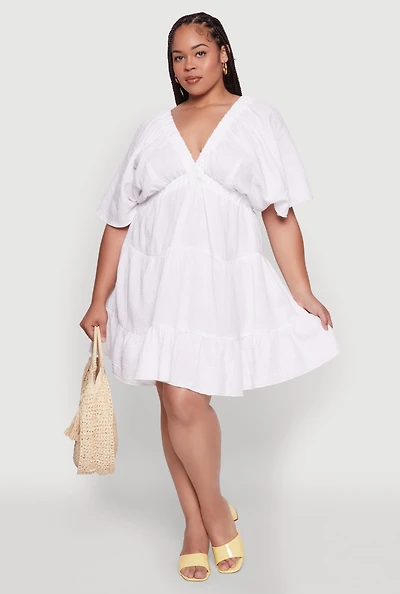 Womens Plus Size Trendy Gauze Knit V Neck Tiered Dress, White, Size 3X