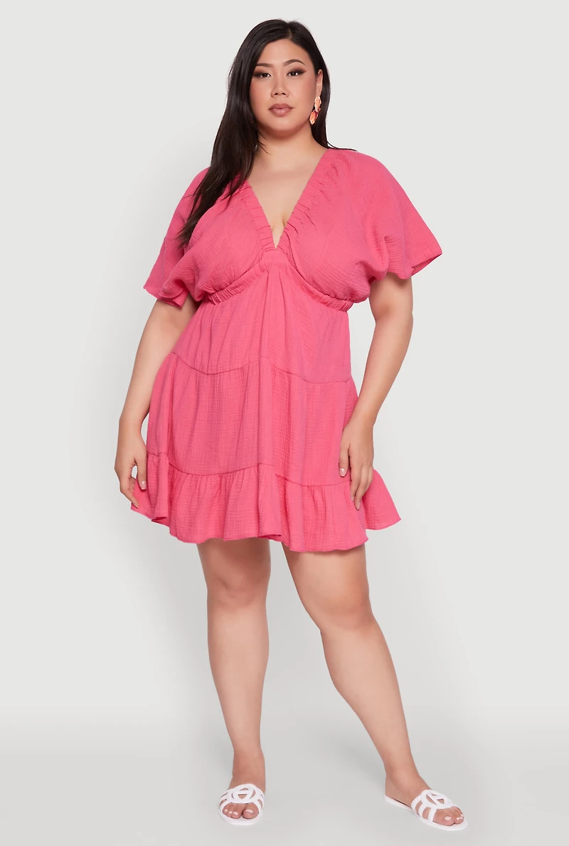 Womens Plus Trendy Gauze Knit V Neck Tiered Dress, Pink,
