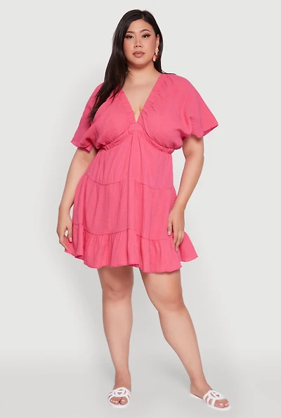 Womens Plus Trendy Gauze Knit V Neck Tiered Dress, Pink,