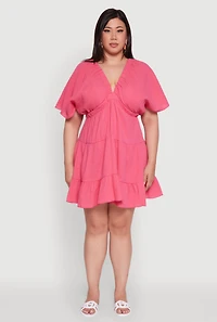 Womens Plus Trendy Gauze Knit V Neck Tiered Dress, Pink,