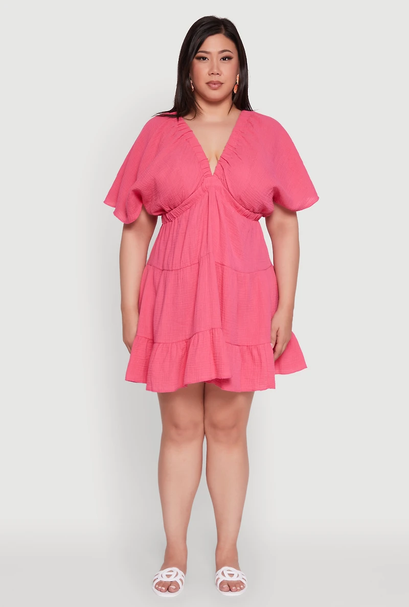 Womens Plus Trendy Gauze Knit V Neck Tiered Dress, Pink,