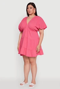 Womens Plus Trendy Gauze Knit V Neck Tiered Dress, Pink,