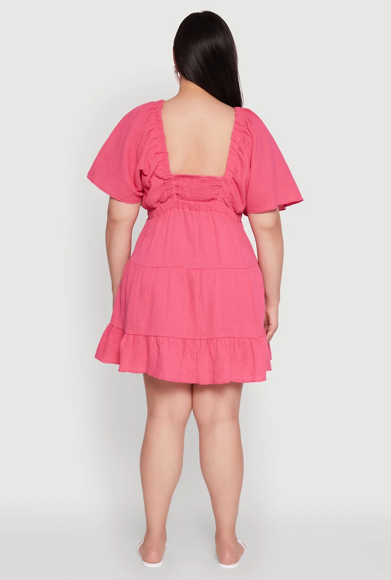 Womens Plus Trendy Gauze Knit V Neck Tiered Dress, Pink,