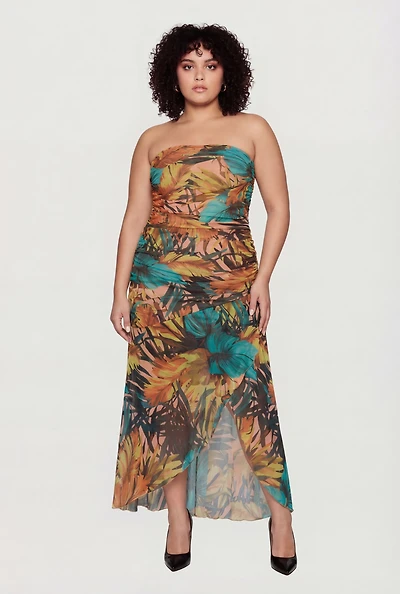 Plus Floral Mesh Ruched Side Tube Dress