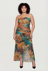 Plus Floral Mesh Ruched Side Tube Dress