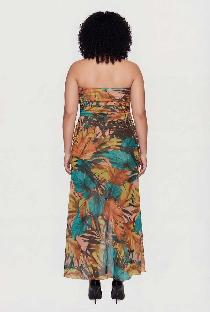 Plus Floral Mesh Ruched Side Tube Dress