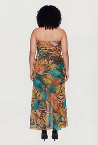 Plus Floral Mesh Ruched Side Tube Dress