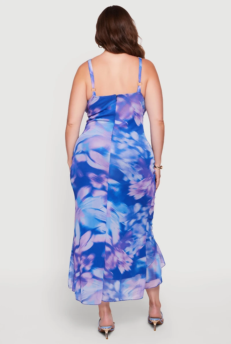 Plus Floral Mesh Ruffle Hem High Low Dress