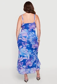 Plus Floral Mesh Ruffle Hem High Low Dress
