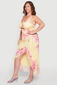 Plus Floral Mesh Ruffle Hem High Low Maxi Dress