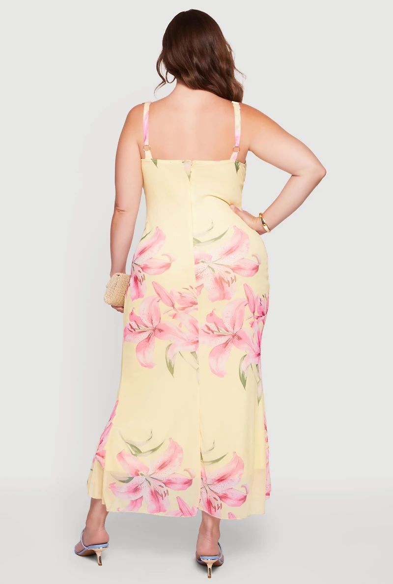 Plus Floral Mesh Ruffle Hem High Low Maxi Dress