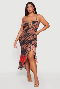 Plus Floral Printed Pattern Ruffle Hem Mesh Dress