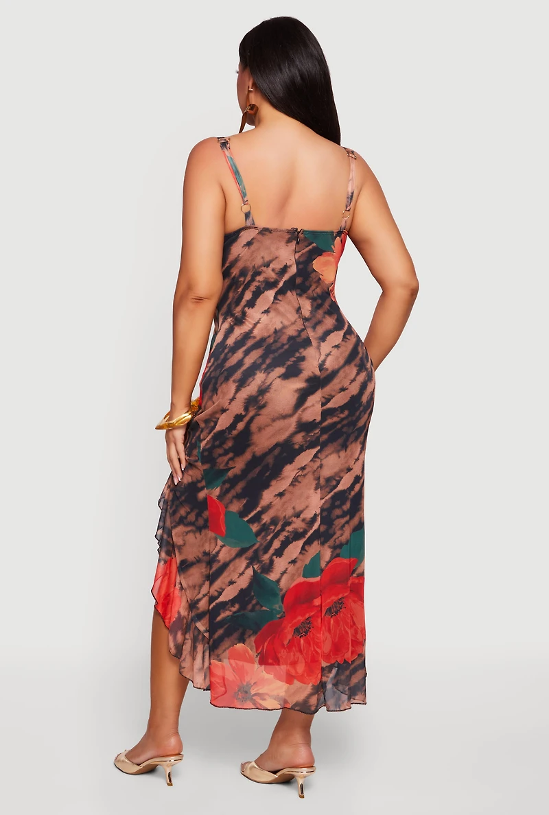Plus Floral Printed Pattern Ruffle Hem Mesh Dress