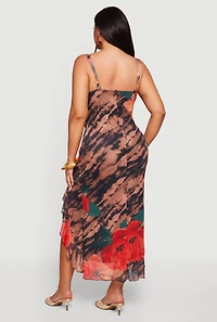 Plus Floral Printed Pattern Ruffle Hem Mesh Dress