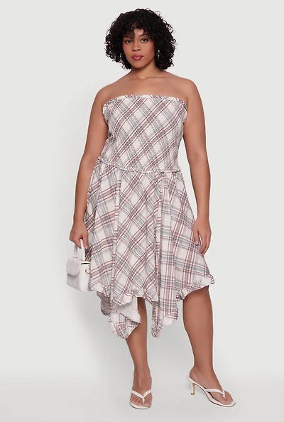 Plus Plaid Ruffle Trim Sharkbite Hem Dress