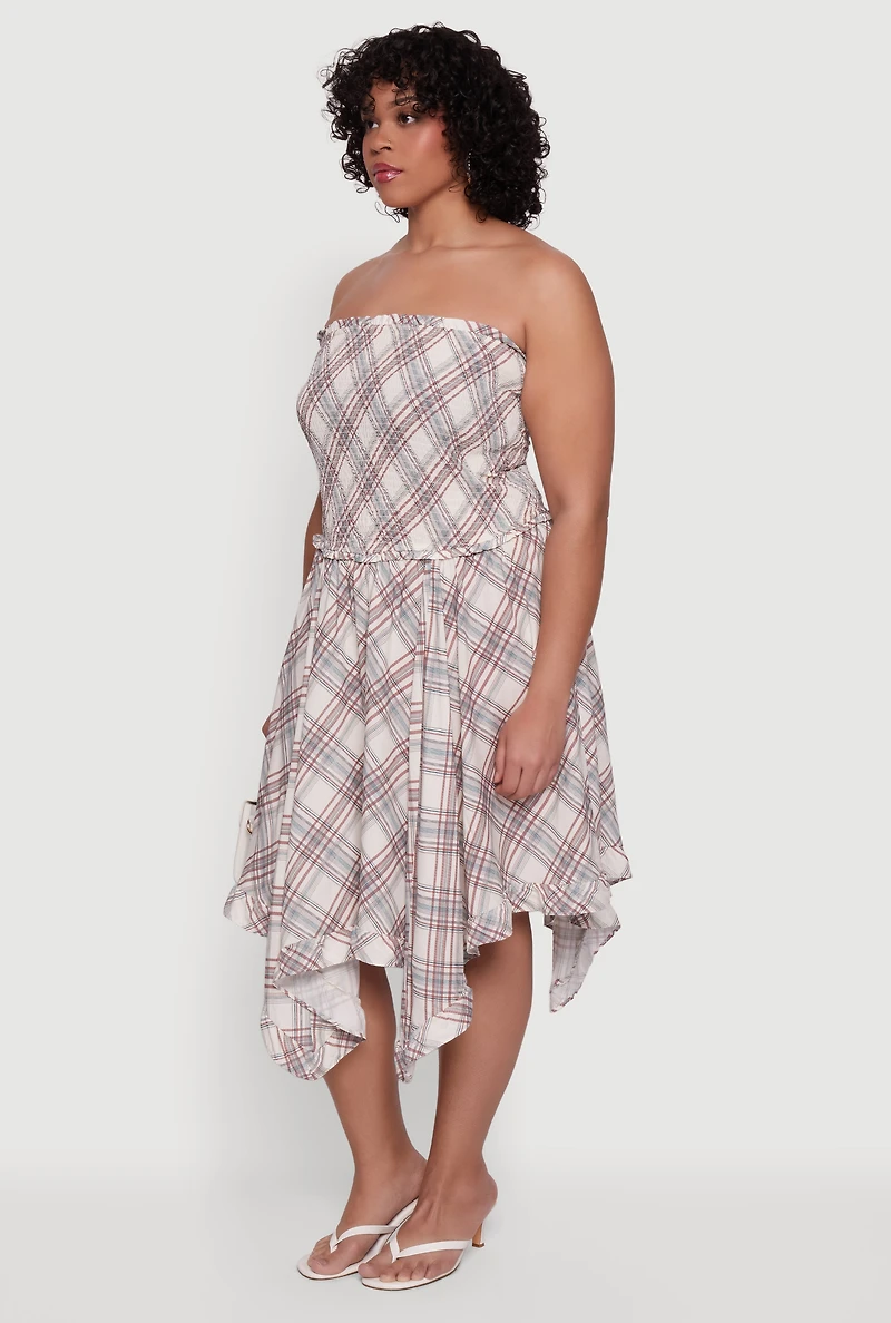 Plus Plaid Ruffle Trim Sharkbite Hem Dress