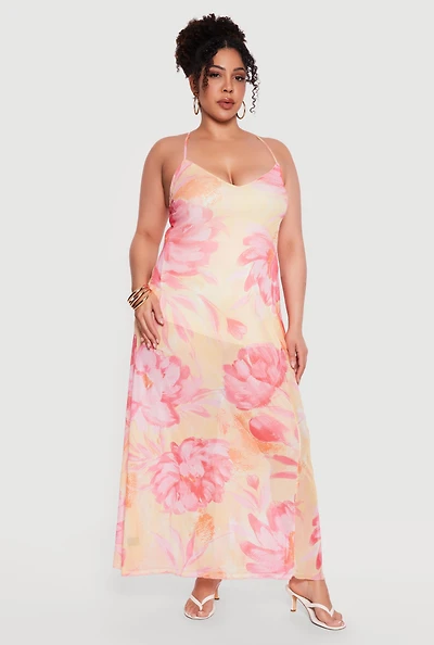Plus Floral Mesh Criss Cross Back Maxi Dress