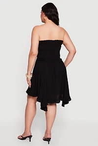 Plus Solid Handkerchief Hem Smocked Strapless Dress