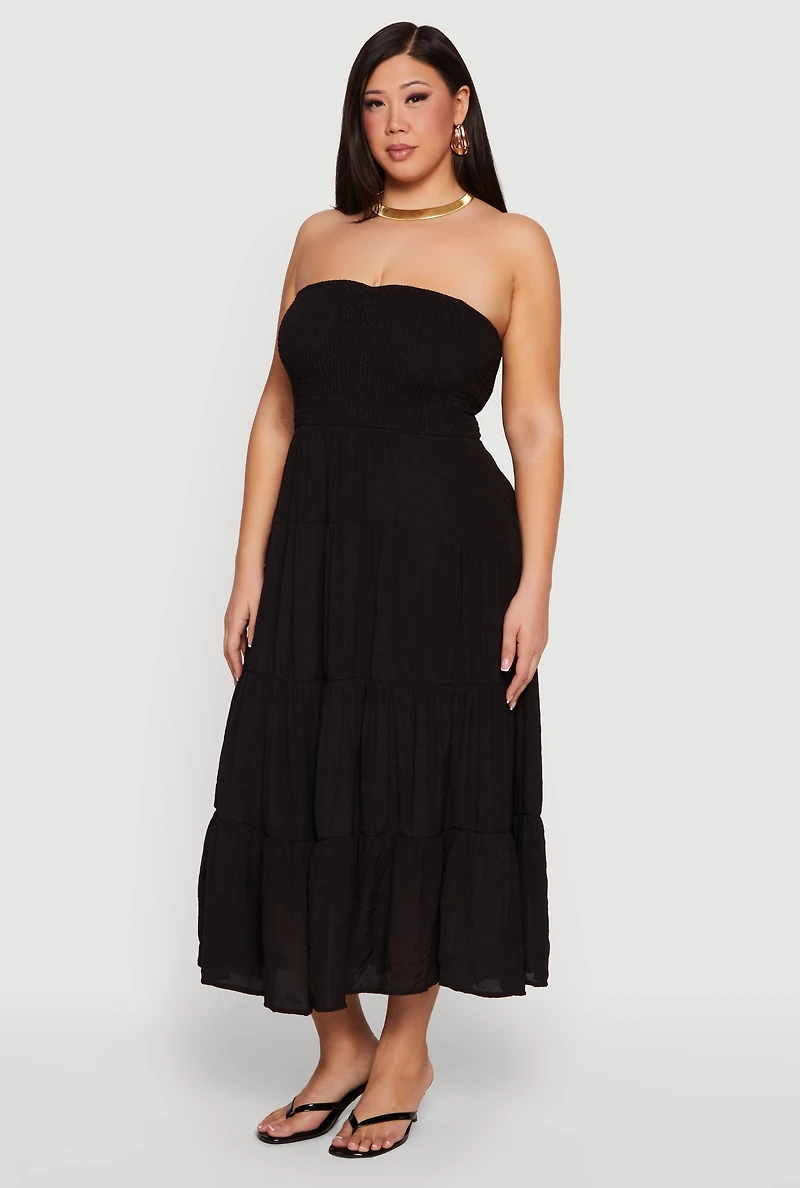 Plus Smocked Tube Tiered Gauze Knit Maxi Dress