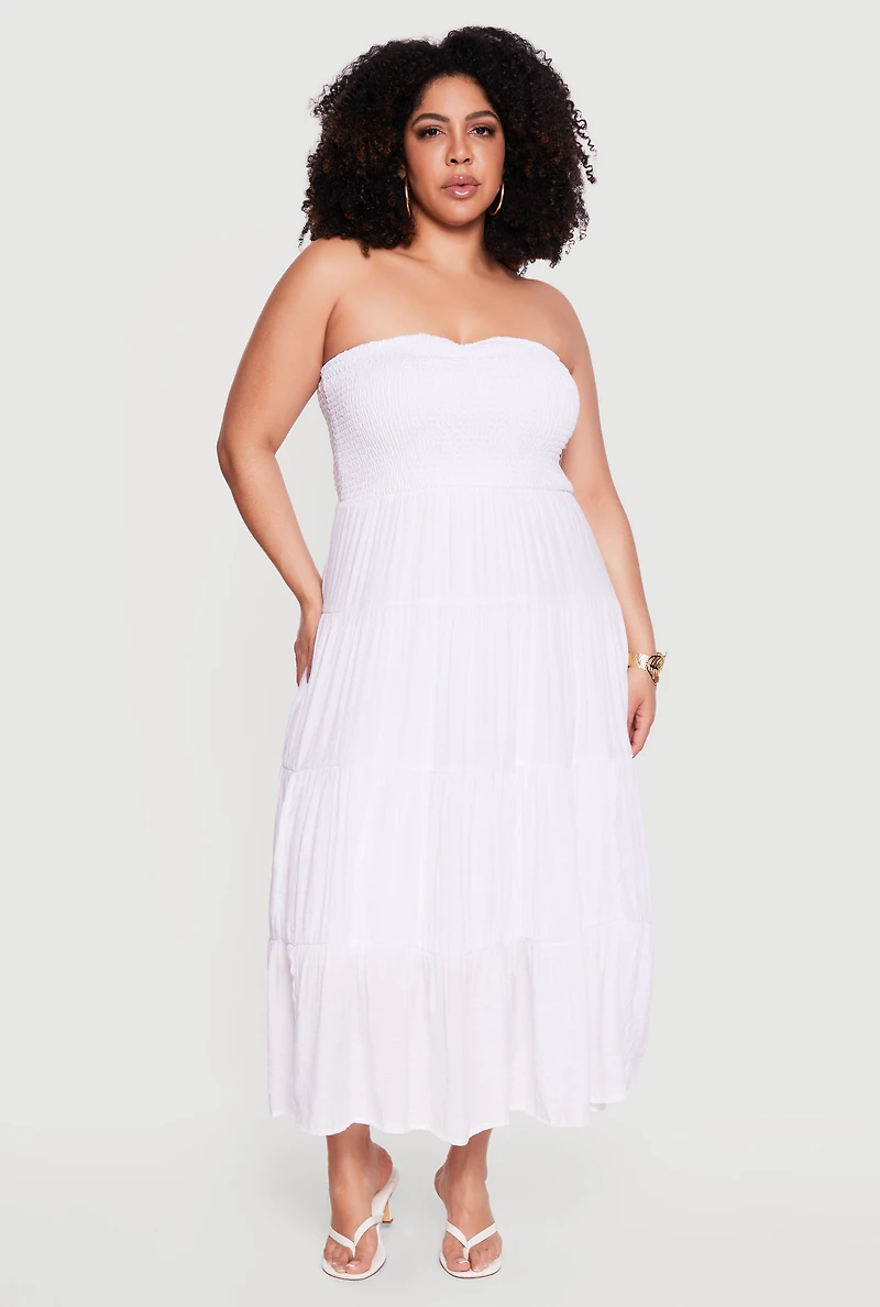 Plus Smocked Tube Tiered Gauze Knit Maxi Dress