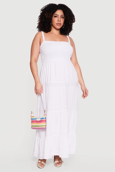 Plus Square Neck Smocked Tiered Maxi Dress
