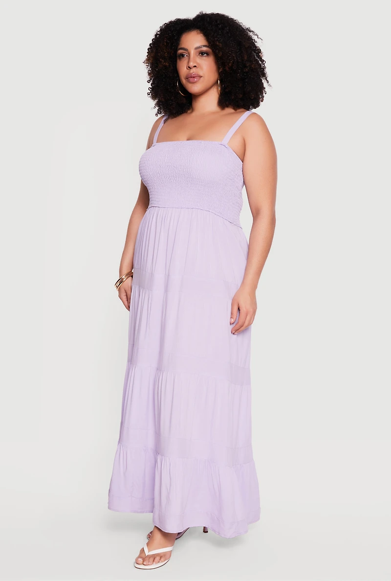 Plus Square Neck Smocked Tiered Maxi Dress