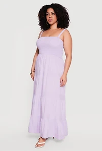 Plus Square Neck Smocked Tiered Maxi Dress