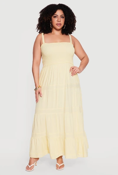 Plus Square Neck Smocked Tiered Maxi Dress