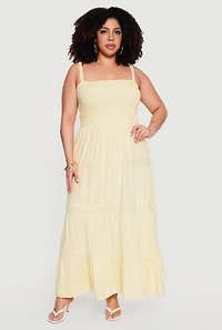 Plus Square Neck Smocked Tiered Maxi Dress