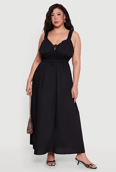 Plus Poplin Tie Front Sleeveless Empire Waist Dress