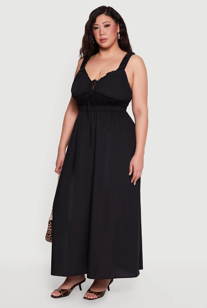 Plus Poplin Tie Front Sleeveless Empire Waist Dress