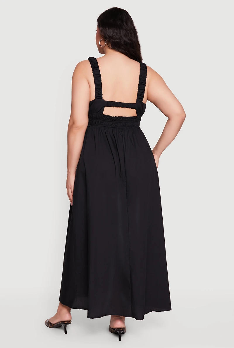 Plus Poplin Tie Front Sleeveless Empire Waist Dress