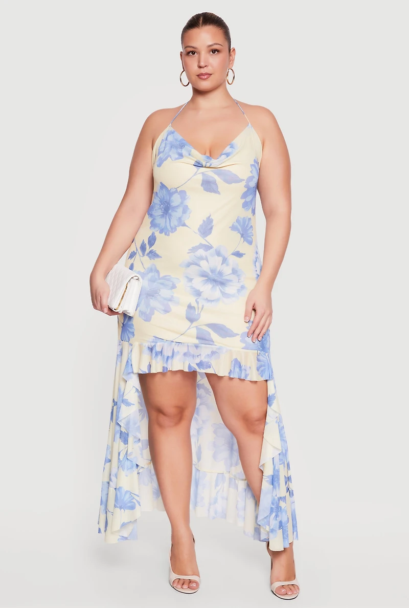 Plus Floral Cowl Neck High Low Dress with Ruffles
