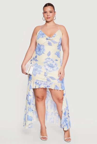 Plus Floral Cowl Neck High Low Dress with Ruffles
