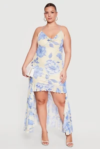 Plus Floral Cowl Neck High Low Dress with Ruffles