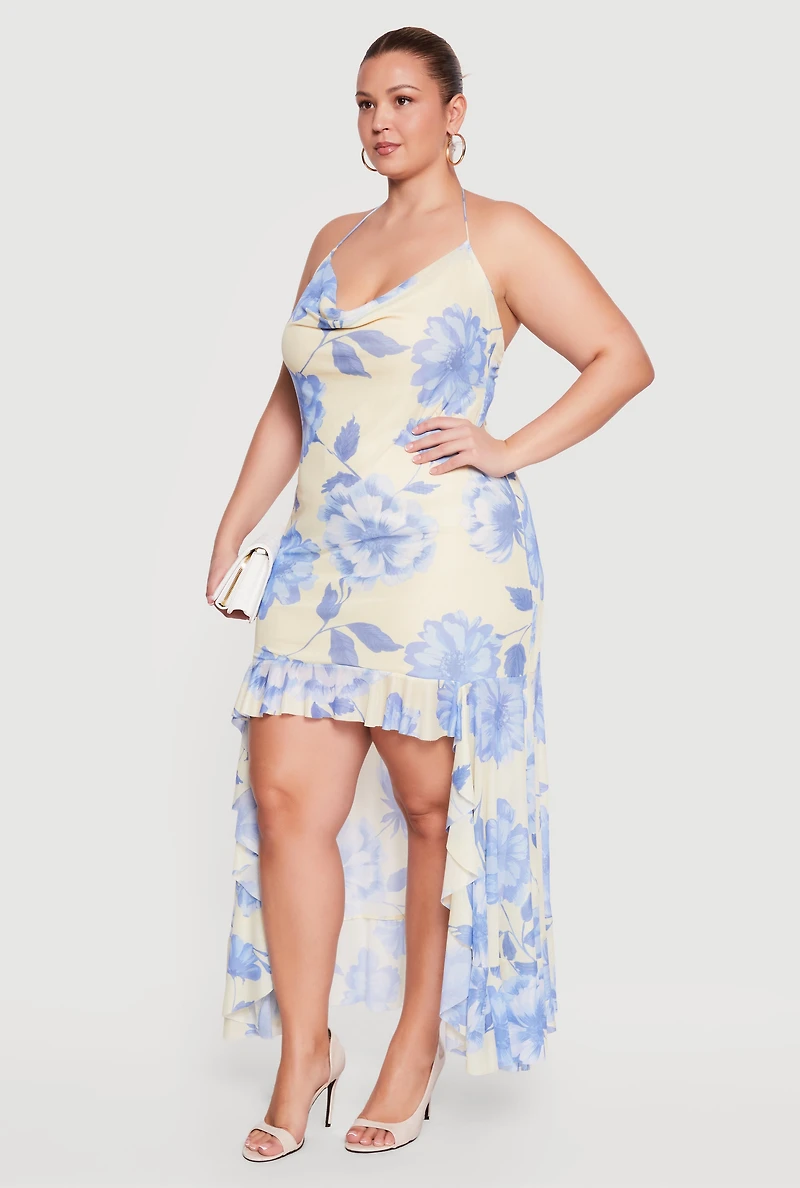 Plus Floral Cowl Neck High Low Dress with Ruffles