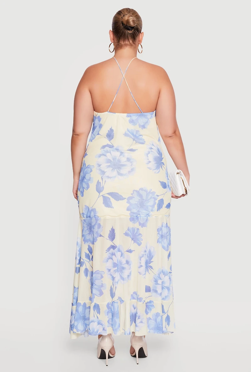 Plus Floral Cowl Neck High Low Dress with Ruffles