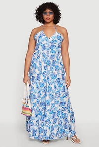 Plus Patterned Tiered Halter Maxi Dress