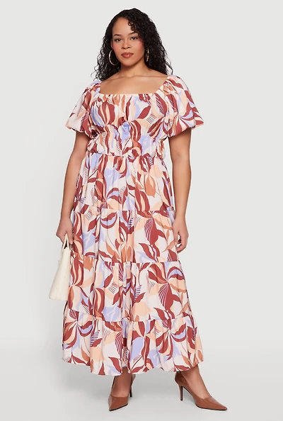 Plus Patterned Bubble Sleeve Tiered Maxi Dress